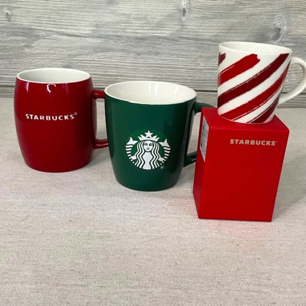 Starbucks SET 3 Holiday Christmas Candy Cane Stripe Mini Espresso Red Etched Mug